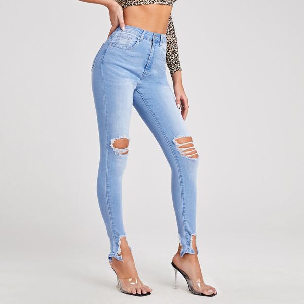 

High Waist Ripped Skinny Jeans, Light wash