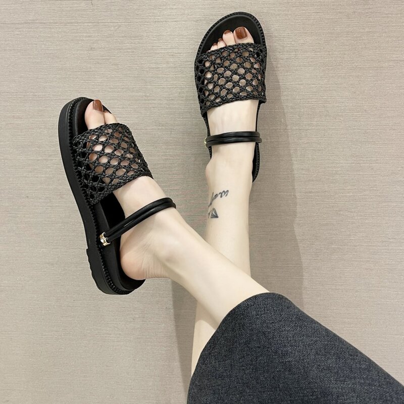 

Hollow Out Braided Sandals, Black