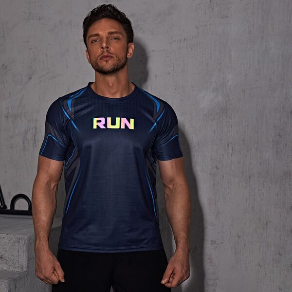 

Men Reflective Letter Graphic Sports Tee, Navy blue
