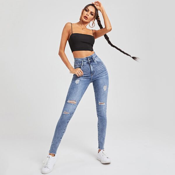 

High Waist Ripped Skinny Jeans, Light wash