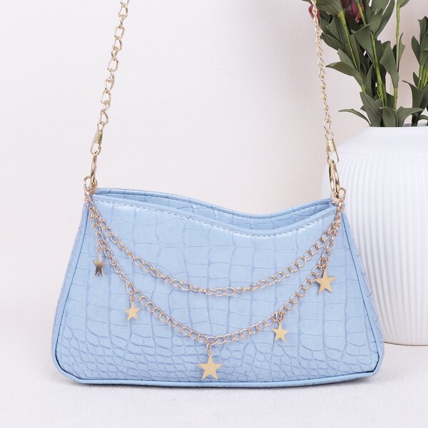 

Metal Star Decor Croc Embossed Crossbody Bag, Blue