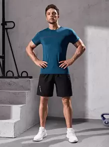 Manfinity Fitness 男友风 男士几何印花运动 T 恤 运动上衣 - 水鴨藍 - 查看 3