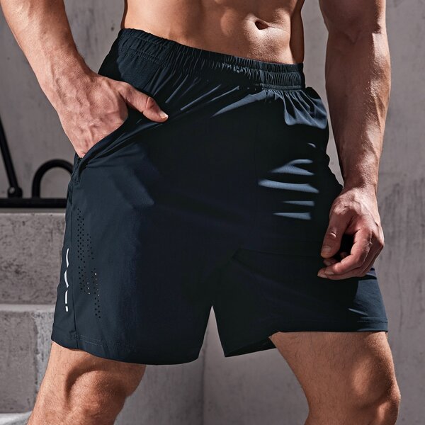 

Men Letter Graphic Hollow Out Sports Shorts, Navy blue