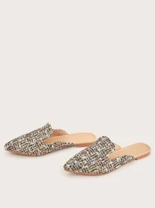 Pantuflas tipo mula 2025 de estilo clásico con puntera puntiaguda, con brillos y tejido brillante con estampado multicolor en todo el calzado, respirable, adecuado para fiestas, banquetes, bodas y uso diario, estilo minimalista pero glamoroso de palacio para mujeres