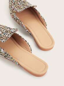 Pantuflas tipo mula 2025 de estilo clásico con puntera puntiaguda, con brillos y tejido brillante con estampado multicolor en todo el calzado, respirable, adecuado para fiestas, banquetes, bodas y uso diario, estilo minimalista pero glamoroso de palacio para mujeres