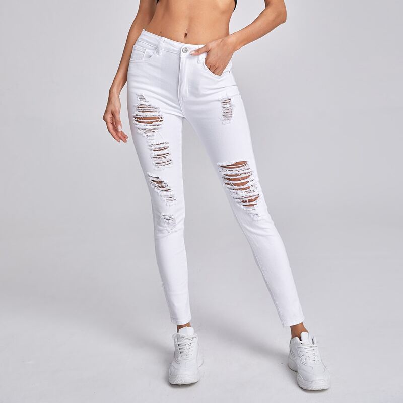 

Natural Waist Ripped Skinny Jeans, White