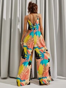 Backless Tropical Print Wide Leg Cami Jumpsuit - Multicolor - View 2