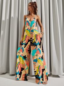 Backless Tropical Print Wide Leg Cami Jumpsuit - Multicolor - View 4