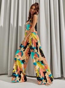 Backless Tropical Print Wide Leg Cami Jumpsuit - Multicolor - View 5