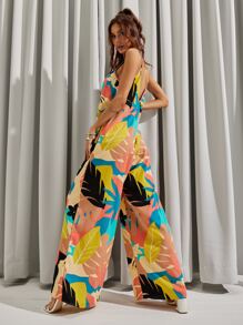 Backless Tropical Print Wide Leg Cami Jumpsuit - Multicolor - View 6