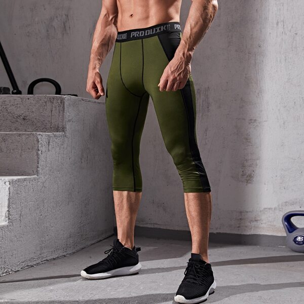 

Men Contrast Panel Letter Tape Waist Sport Tights, Army green