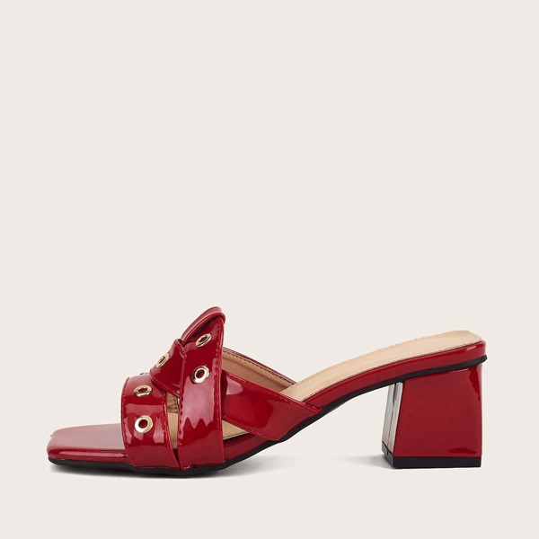 

Eyelet Decor Chunky Heeled Mules, Red