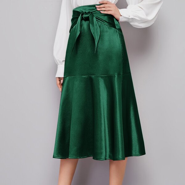 

Tie Front Ruffle Hem Satin Skirt, Dark green