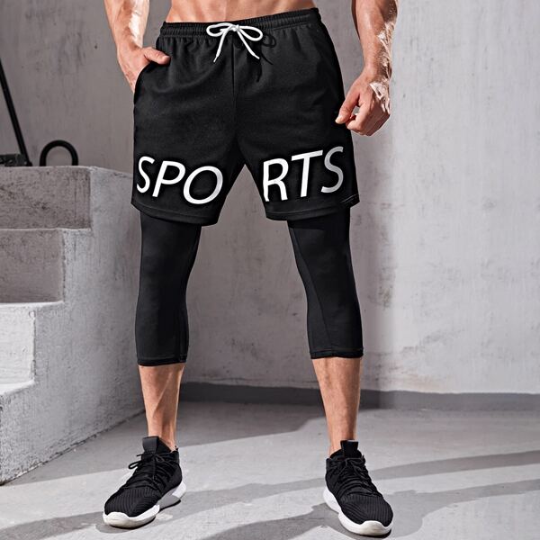 

Men Letter Graphic Drawstring Combo Sports Shorts, Black