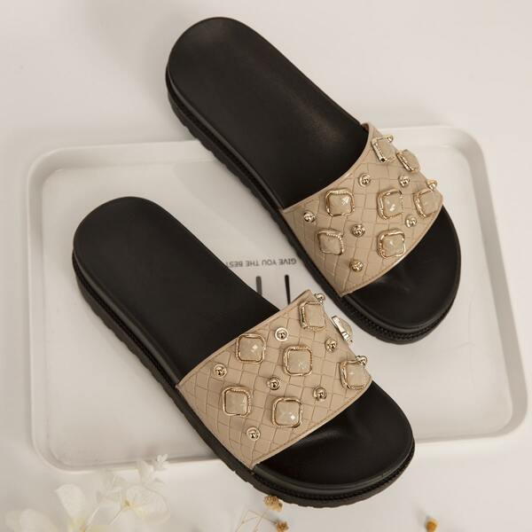 

Studded Decor Braided Embossed Slides, Apricot