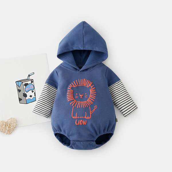 

Baby Boy Cartoon Graphic Striped Sleeve Bodysuit, Navy blue