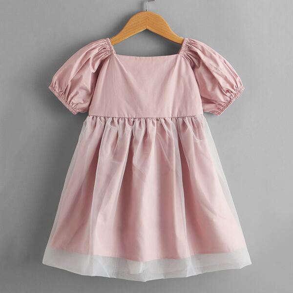

Toddler Girls Contrast Mesh Puff Sleeve Babydoll Dress, Dusty pink