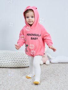 女婴卡通和字母圖案3D耳朵設計連體衣 - 粉色 - 查看 1