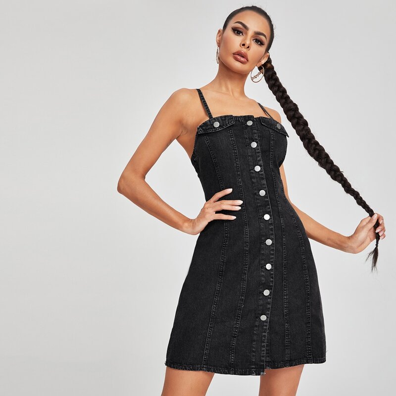 

Button Front Flap Detail Cami Denim Dress, Black