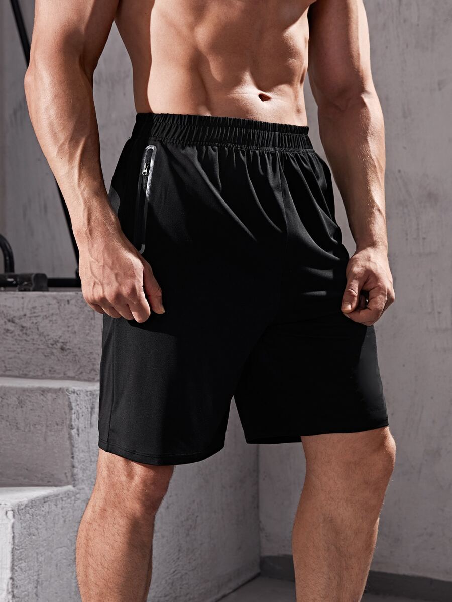 Men Zip Pocket Sports Shorts - Black - View 1