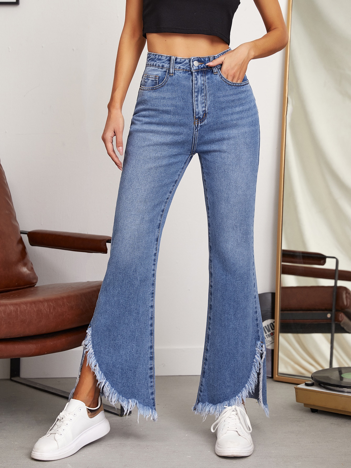 High Waist Raw Asymmetrical Hem Flare 
