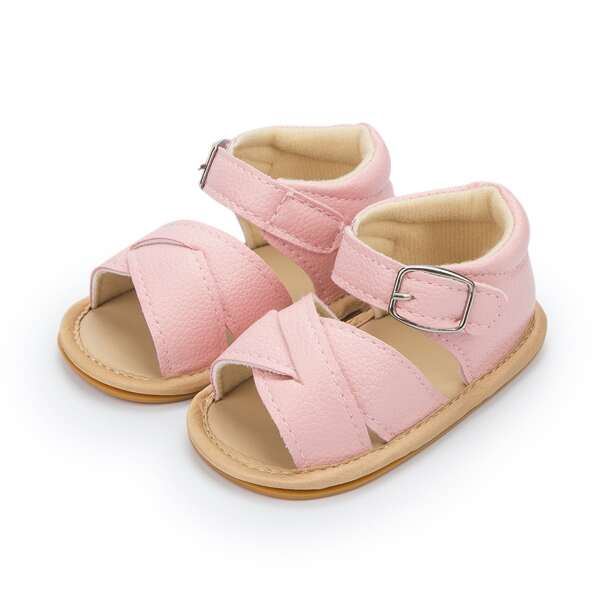

Baby Girl Cross Strap Velcro Strap Sandals, Baby pink