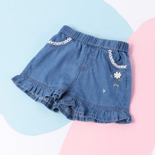 

Toddler Girls Lace Trim Floral Embroidery Ruffle Hem Denim Shorts, Medium wash