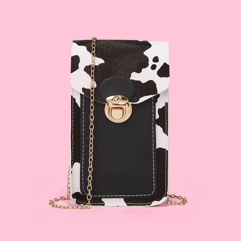 Cow Pattern Push Lock Chain Bag, Black
