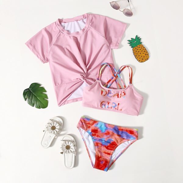 

3pack Girls Letter Graphic Bikini Swimsuit & Cover Up, Baby pink