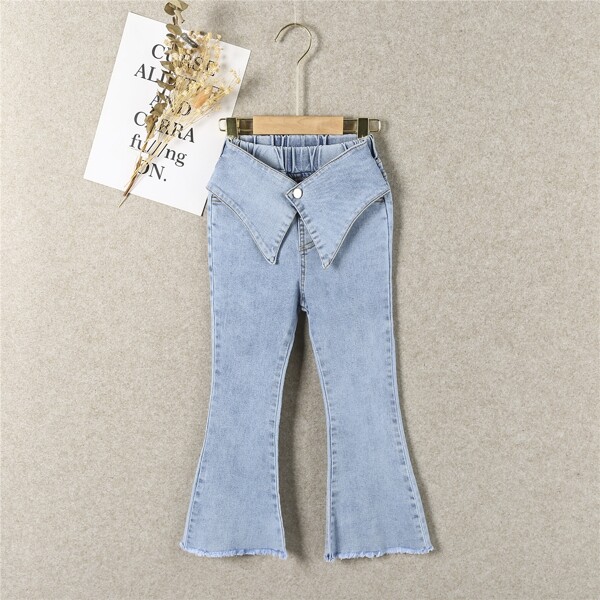 

Girls Raw Hem Elastic Waist Flare Leg Jeans, Light wash