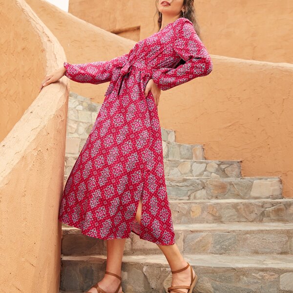 

Allover Print Split Side Belted Dress, Rose red