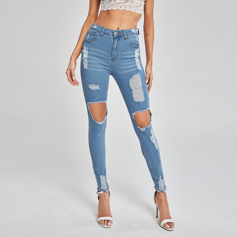 

Natural Waist Ripped Skinny Jeans, Light wash