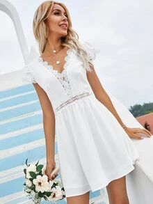 Contrast Lace Backless A-line Dress - White - View 4