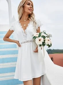 Contrast Lace Backless A-line Dress - White - View 5
