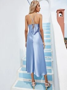 SHEIN Belle Satin Cowl Neck Slip Dress - Baby Blue - View 2