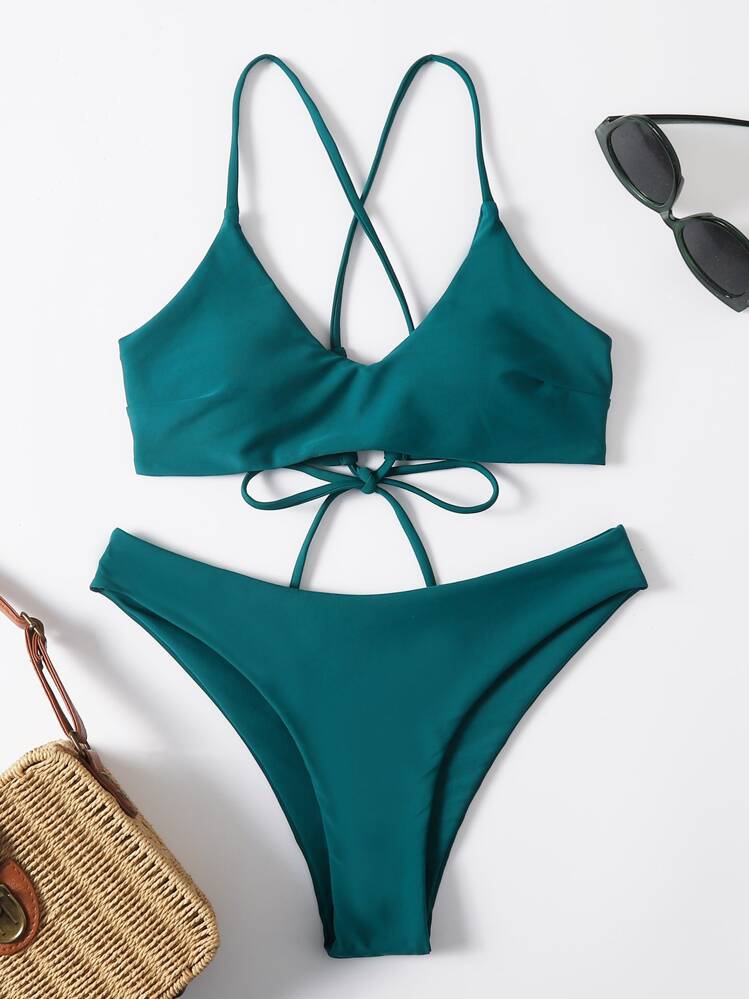 SHEIN Swim Summer Beach Mono Bikini Set Lace Up Tie Back Top & High Cut Bottom 2 Piece Swimwear - Dark Green - View 1
