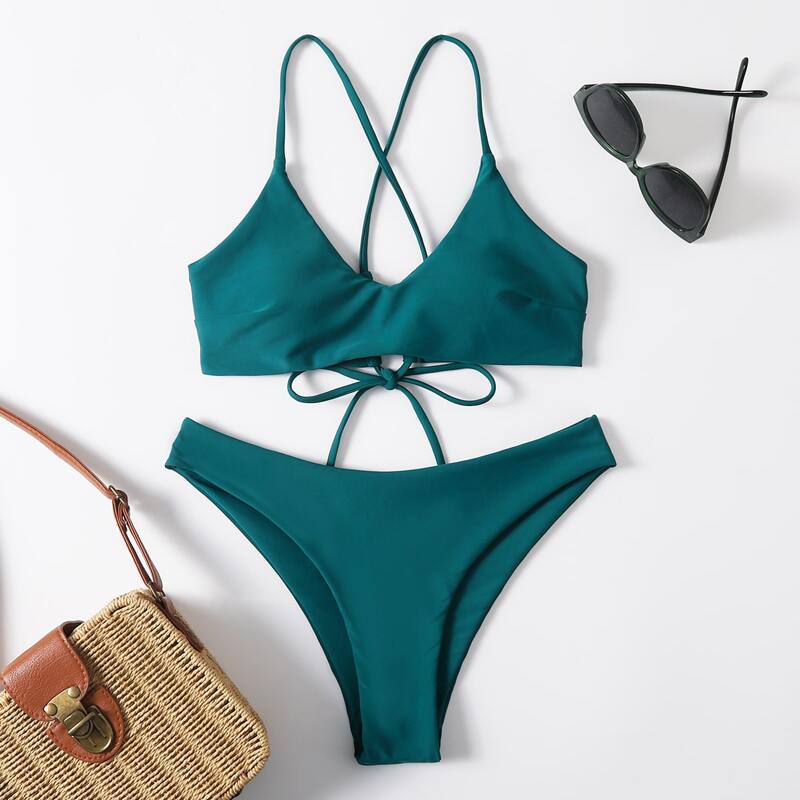 

Tie Back Bikini Swimsuit, Dark green
