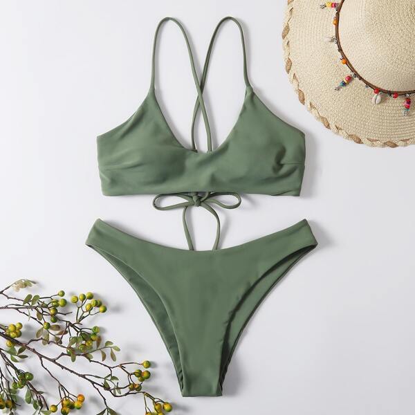 

Scoop Neck Bikini Swimsuit, Army green