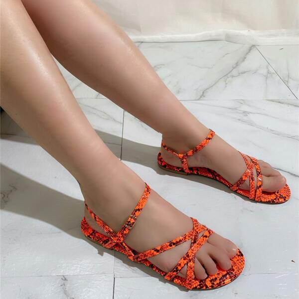 

Snakeskin Cross Strap Slingback Sandals, Orange