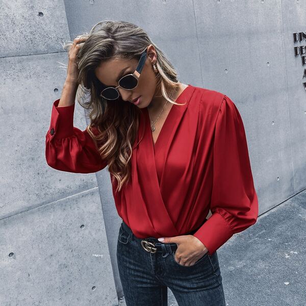

Solid Surplice Front Bodysuit, Red