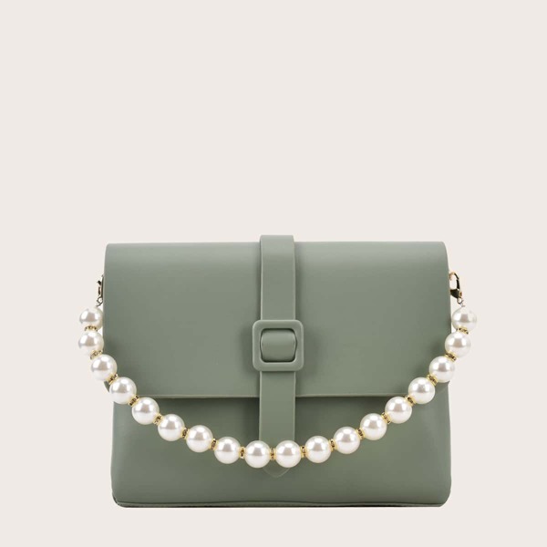 

Faux Pearl Handle Flap Satchel Bag, Green