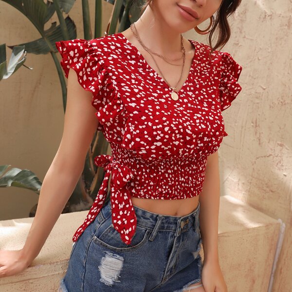 

Ditsy Floral Ruffle Trim Shirred Knot Side Crop Blouse, Red