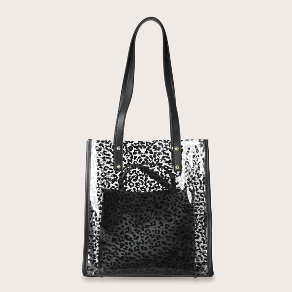

Clear Leopard Print Tote Bag With Satchel Bag, Black