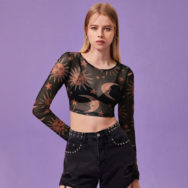 

Sun & Moon Graphic Sheer Crop Top, Multicolor