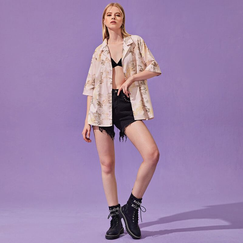 

All Over Print Button Front Oversized Blouse, Multicolor