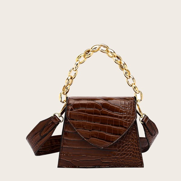 

Croc Embossed Chain Satchel Bag, Coffee brown