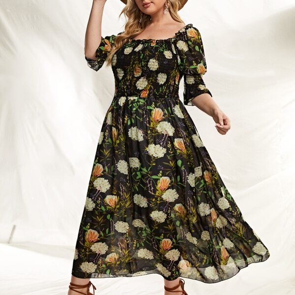 

Plus Floral Print Square Neck Shirred Chiffon Milkmaid Dress, Multicolor
