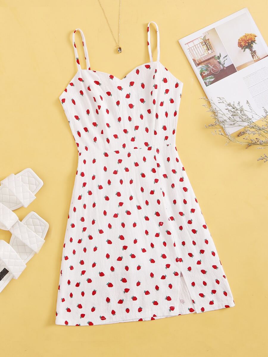Vestido de tirantes con estampado de fresa - Blanco - Ver 1