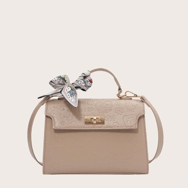 

Twilly Scarf Decor Twist Lock Satchel Bag, Khaki
