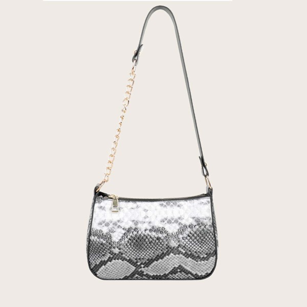 

Snakeskin Print Chain Baguette Bag, Grey